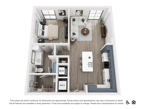 Floor plan for 1 bed, 1 bath, 664 sqft